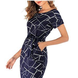 NWoT Yeeka Short Sleeve Casual Officer Pencil Dress with Belt Pockets Size Small